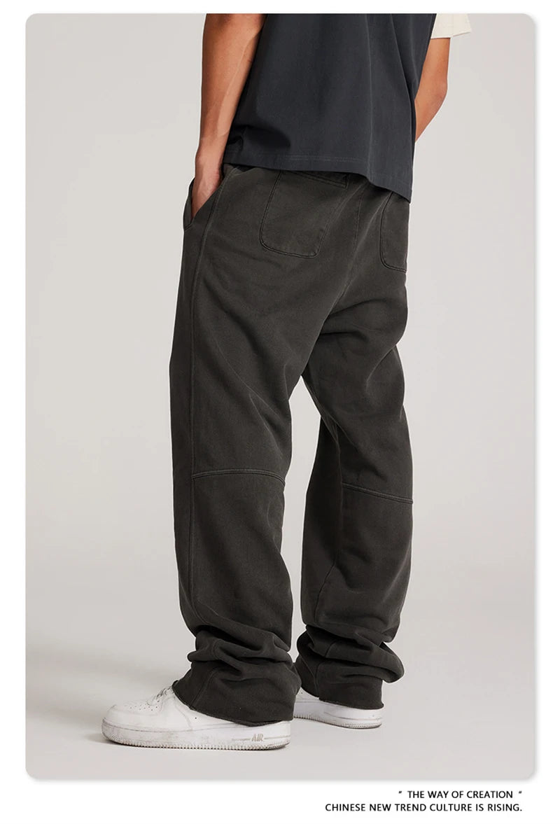 ZODF 2023 Spring Men 380gsm Washed Cotton Pants American Retro Unisex Loose Edge Oversized Straight Trousers Streetwears HY0537