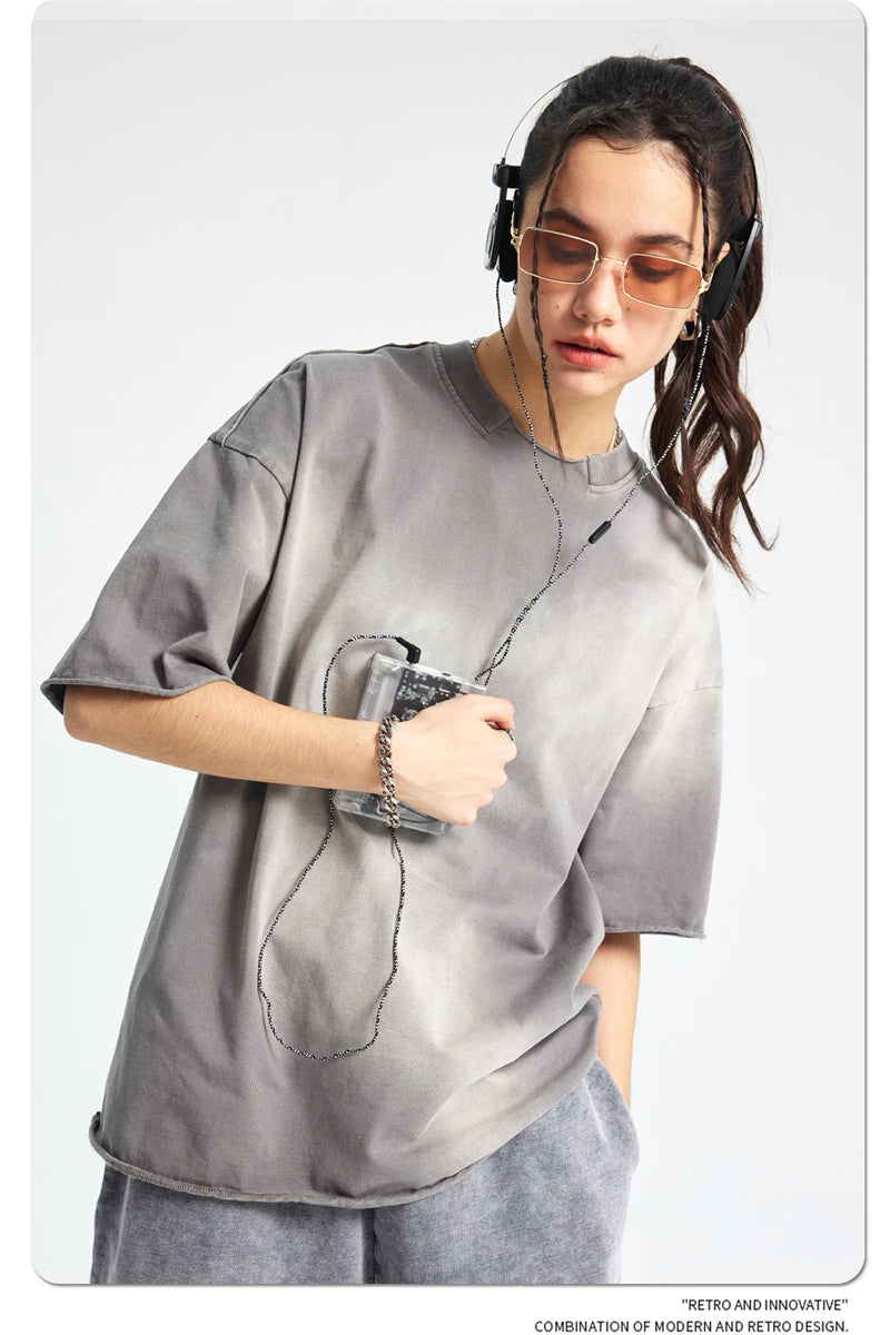 ZODF Retro Summer Men Washed 100% Cotton T-Shirts Unisex High Street Oversized Distressed Broken Neck T Shirt Brand Tees HY1050