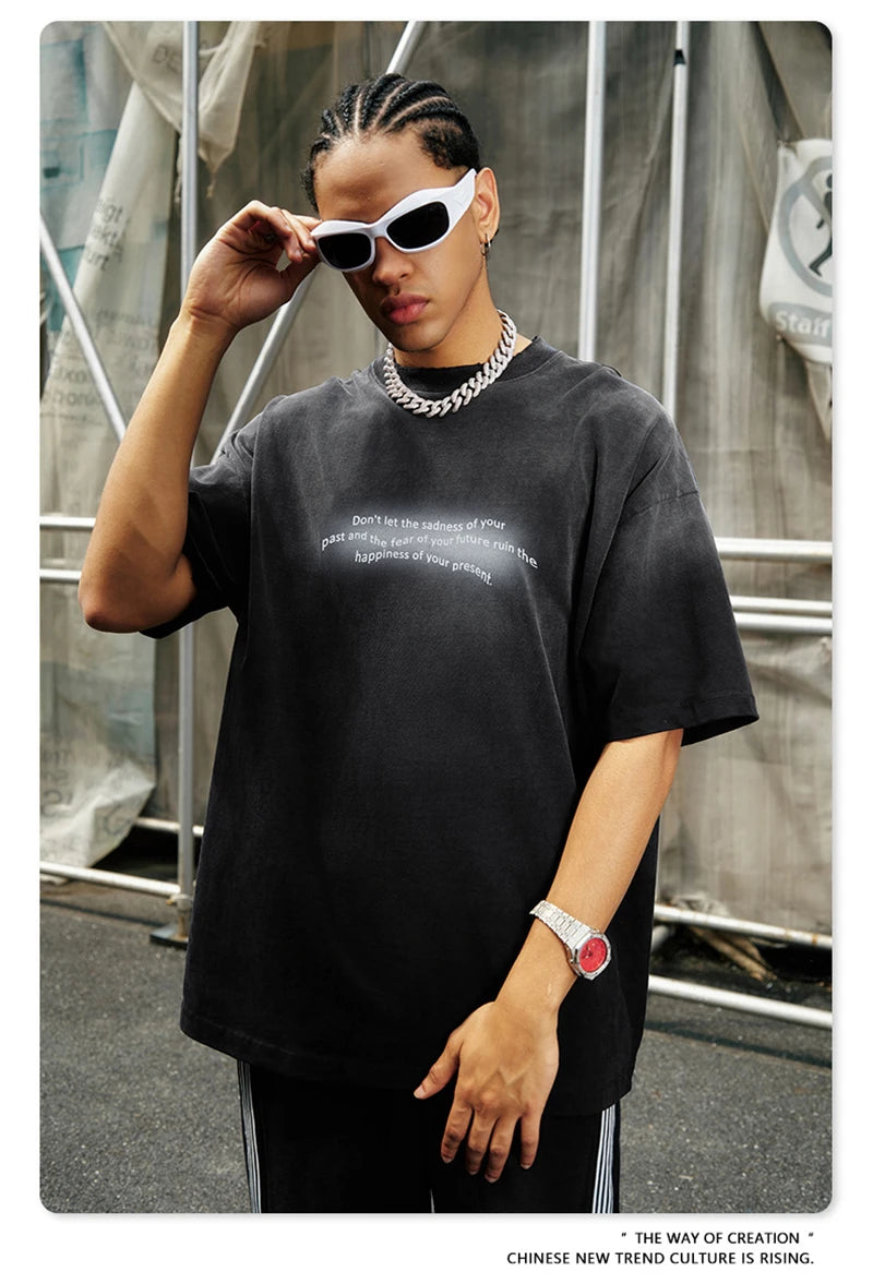 ZODF Summer High Street Printing T-Shirts For Men Unisex Retro Washed 250gsm Ripped Cotton T Shirt Brand Tops HY0858