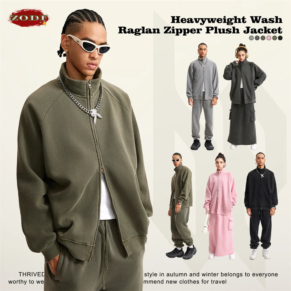 ZODF Retro Winter Men Washed Fleece Zipper Jackets Unisex Loose Oversized 400gsm Raglan Sleeve Coats Streetwears HY0649