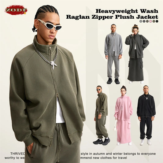 ZODF Retro Winter Men Washed Fleece Zipper Jackets Unisex Loose Oversized 400gsm Raglan Sleeve Coats Streetwears HY0649
