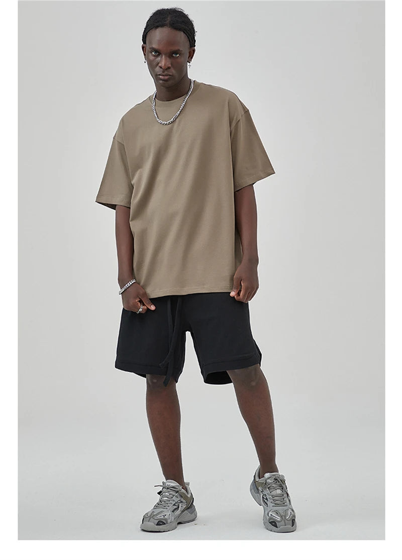 ZODF New Summer Men 275gsm Cotton T Shirts Unisex Women High Street Oversized FG Noshrink Solid T-Shirt Streetwears HY0152