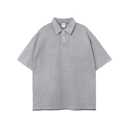 ZODF Summer Men Batik Washed 275gsm Cotton T Shirt Unisex Retro Turn Down Collar Short Sleeve T-shirts Tees HY0533