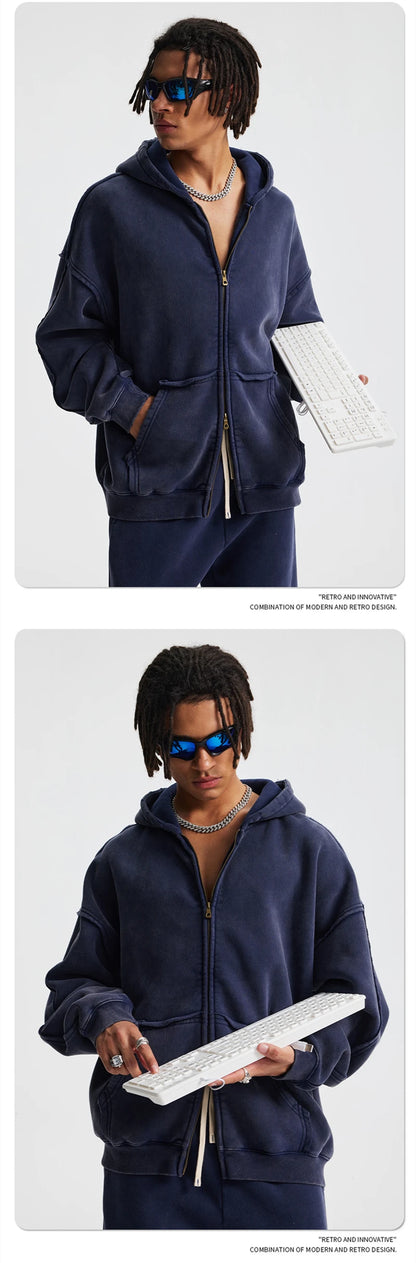 ZODF Vintage Man's Batik Washed Fleece Zipper Hoodie Unisex Winter Warm Distressed Hooded Coat Pullovers Brand Clothing HY1146