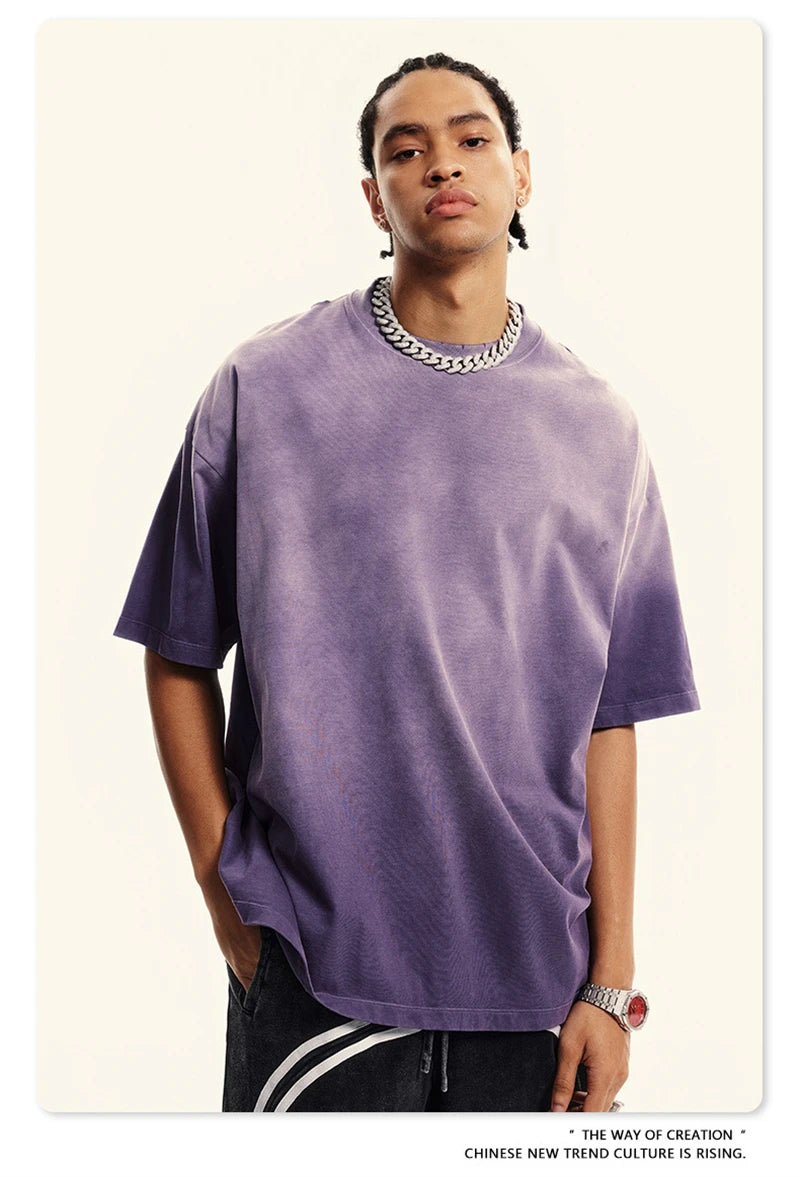 ZODF 2024 Summer Men Washed Gradient T-Shirts Unisex Women Distressed 250gsm Cotton T Shirt Brand Tees Streetwears HY0814