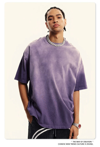 ZODF 2024 Summer Men Washed Gradient T-Shirts Unisex Women Distressed 250gsm Cotton T Shirt Brand Tees Streetwears HY0814