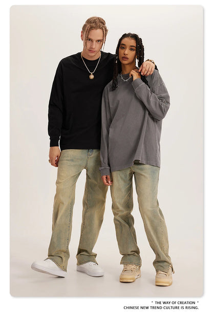 ZODF New Autumn Men's 260gsm 100% Cotton T Shirts Unisex Retro High Street Loose Washed Solid Tees Streetwears HY0376