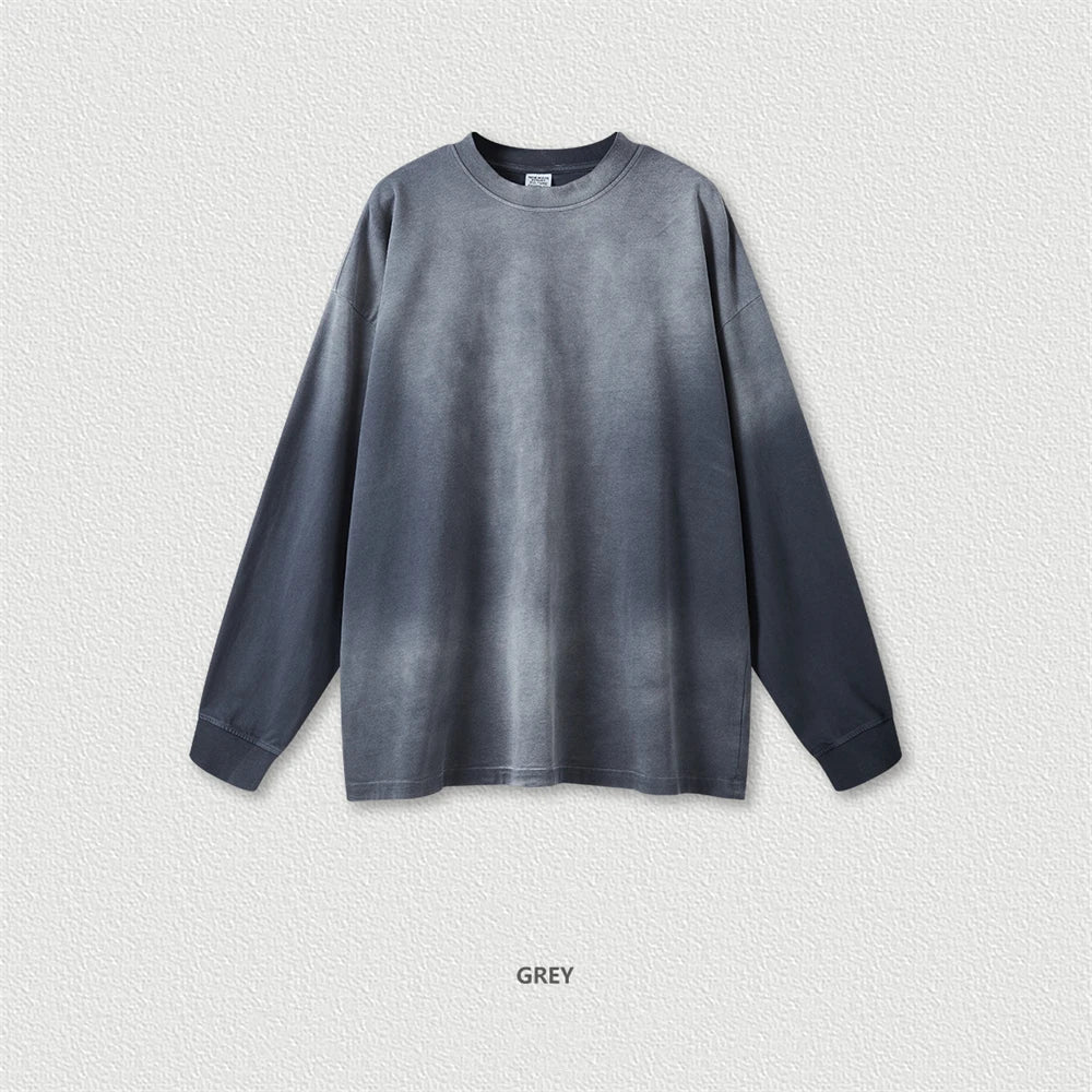 ZODF Retro Monkey Washed 260gsm Cotton Full Sleeve Loose High Street T-Shirt for Men Unisex HY0406 - GRAY / S / China