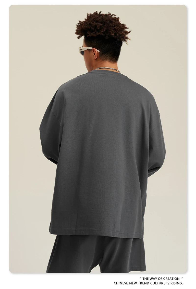 ZODF NEW Autumn Men's Solid Full Sleeve T Shirts Unisex Loose Oversized Casual 305GSM Cotton Basic T-Shirt Brand TEE HY0209