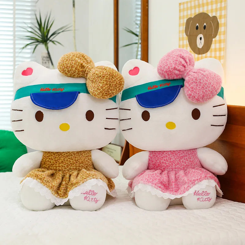 New Sanrio Plush Leopard Print Baseball Cap KT Cat Hello Kitty Stuffed Animal Kitten Pillow Doll for Kids Birthday Xmas Gift For