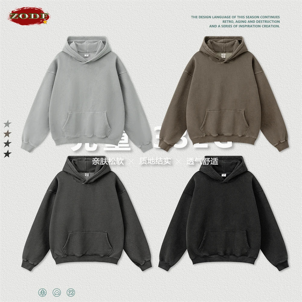 ZODF 2024 Winter Unisex Washed Fleece Hoodies 360gsm Warm Loose Retro Hooded Sweatshirts HY0870