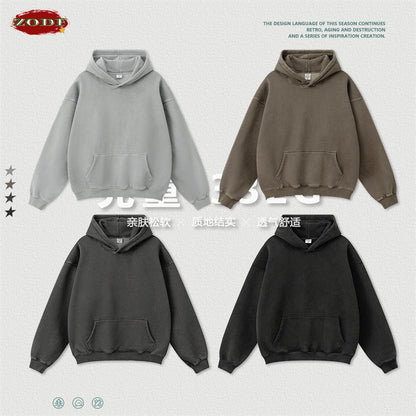 ZODF 2024 Winter Unisex Washed Fleece Hoodies 360gsm Warm Loose Retro Hooded Sweatshirts HY0870