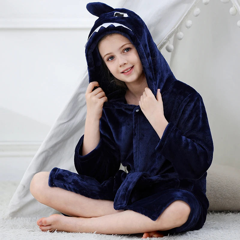 Toddler Boys Bathrobe Girl Sleepwear Winter Flannel Hooded Bath Towel Teen Dinosaur Cow Pjs Animal Pajamas Robe Children Clothes