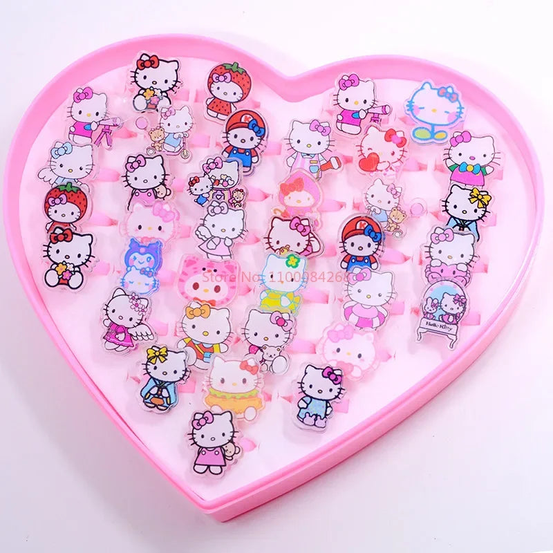 New 36pcs Of Cartoon Cinnamoroll My Melody Kuromi Resin Ring Children's Creative Love Box Cute Ring Girl Trinkets Children's Toy