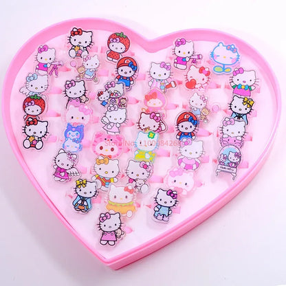 New 36pcs Of Cartoon Cinnamoroll My Melody Kuromi Resin Ring Children's Creative Love Box Cute Ring Girl Trinkets Children's Toy