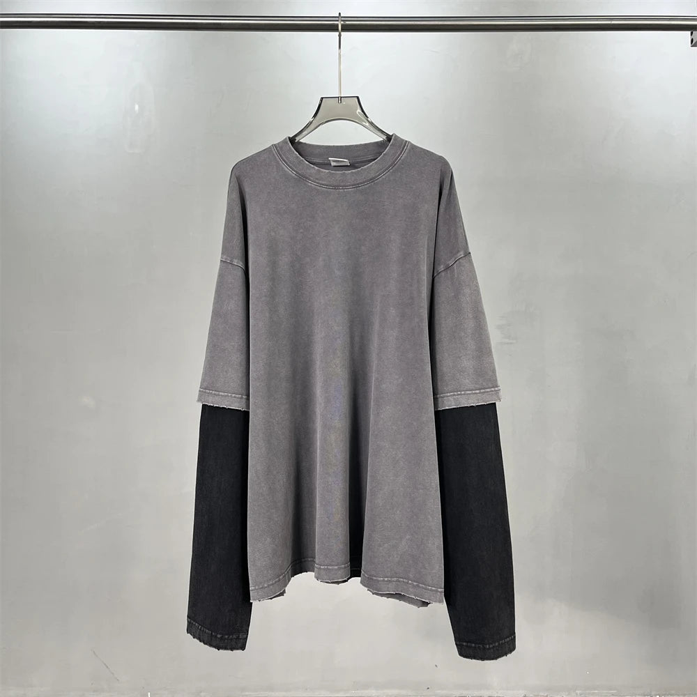 ZODF Retro Fake 2-Piece Cotton T-Shirts For Man Unisex Distressed Full Sleeve Washed O Neck T Shirt Brand Tees HY1156