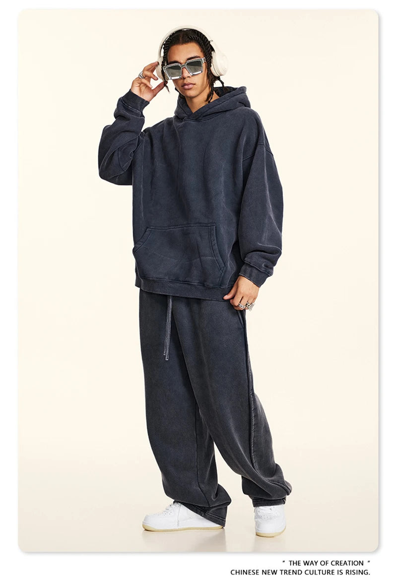 ZODF Retro Men’s Winter Washed Fleece Hoodie 360gsm Warm Knitted Loose Hooded Pullover Streetwear HY0887