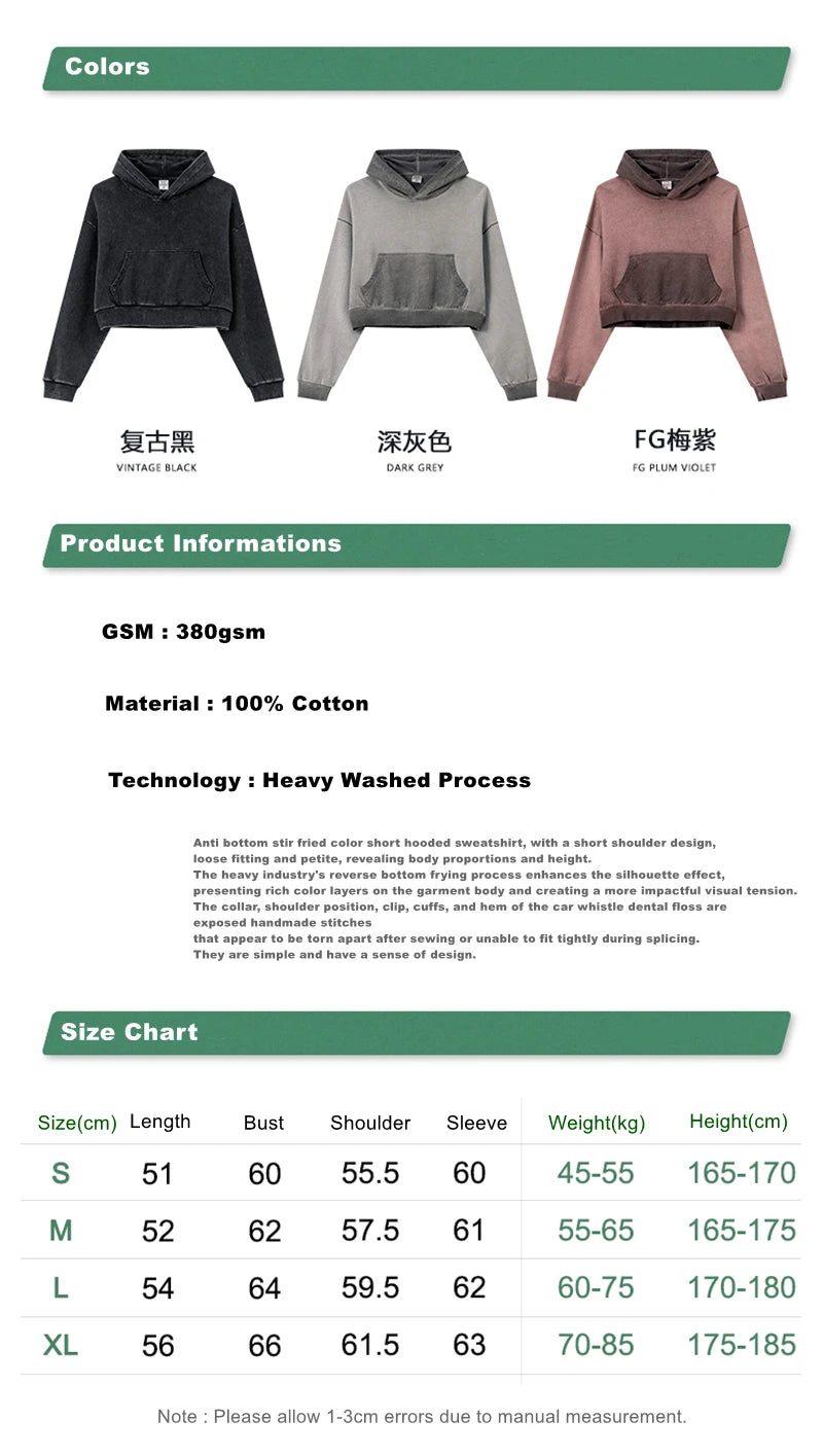 ZODF New Autumn Women Washed Crop Hoodies Female Girls Solid 380gsm Cotton Short Hooded Coats Streetwears HY0942