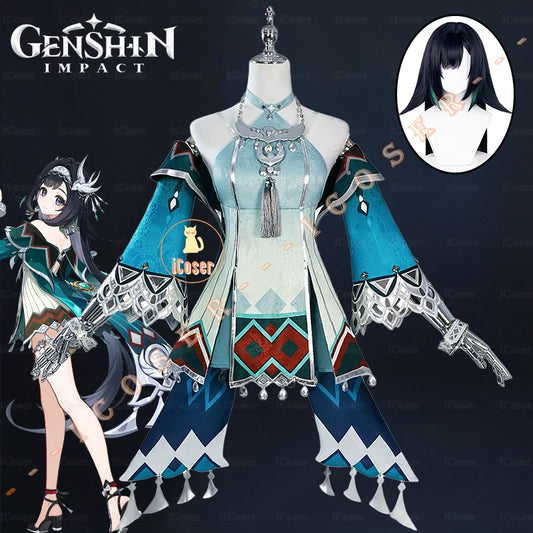 Lan Yan Cosplay Costume Wig Dress Genshin Impact Headwear Liyue Spring Woven From Jade Halloween Party for Women Girls Accessory