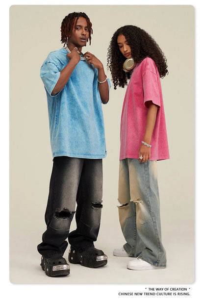 ZODF New Summer Men Washed Batik Cotton T Shirts Unisex American Retro High Street 270gsm Short Sleeve Tees Streetwear HY0489