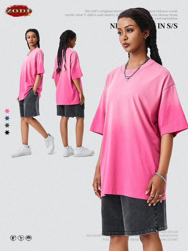 ZODF New Men's Summer Washed Gradient Cotton T-Shirts Unisex Women Retro Distressed 310gsm Ripped T Shirt Brand Tops HY0859