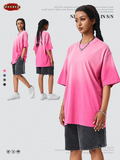 ZODF New Men's Summer Washed Gradient Cotton T-Shirts Unisex Women Retro Distressed 310gsm Ripped T Shirt Brand Tops HY0859