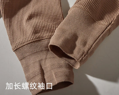 Autumn And Winter New American Heavyweight Retro Men's Waffle Long-sleeved T-shirt Loose Fashion Henley Collar Bottoming-shirt