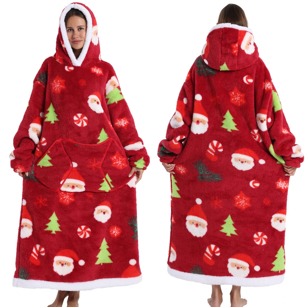 Short/Long Wearable Blankets Christmas Hoodies Winter Flannel Hooded Blanket with Full Sleeves Men Women Warm Adult TV Blanket