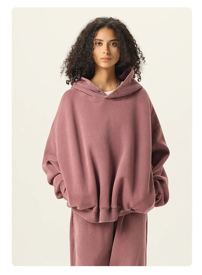 ZODF Vintage 350gsm Man Washed Boxy Fleece Hoodie Unisex Loose Ripped Warm Button Winter Hooded Pullovers Brand Clothing HY0053