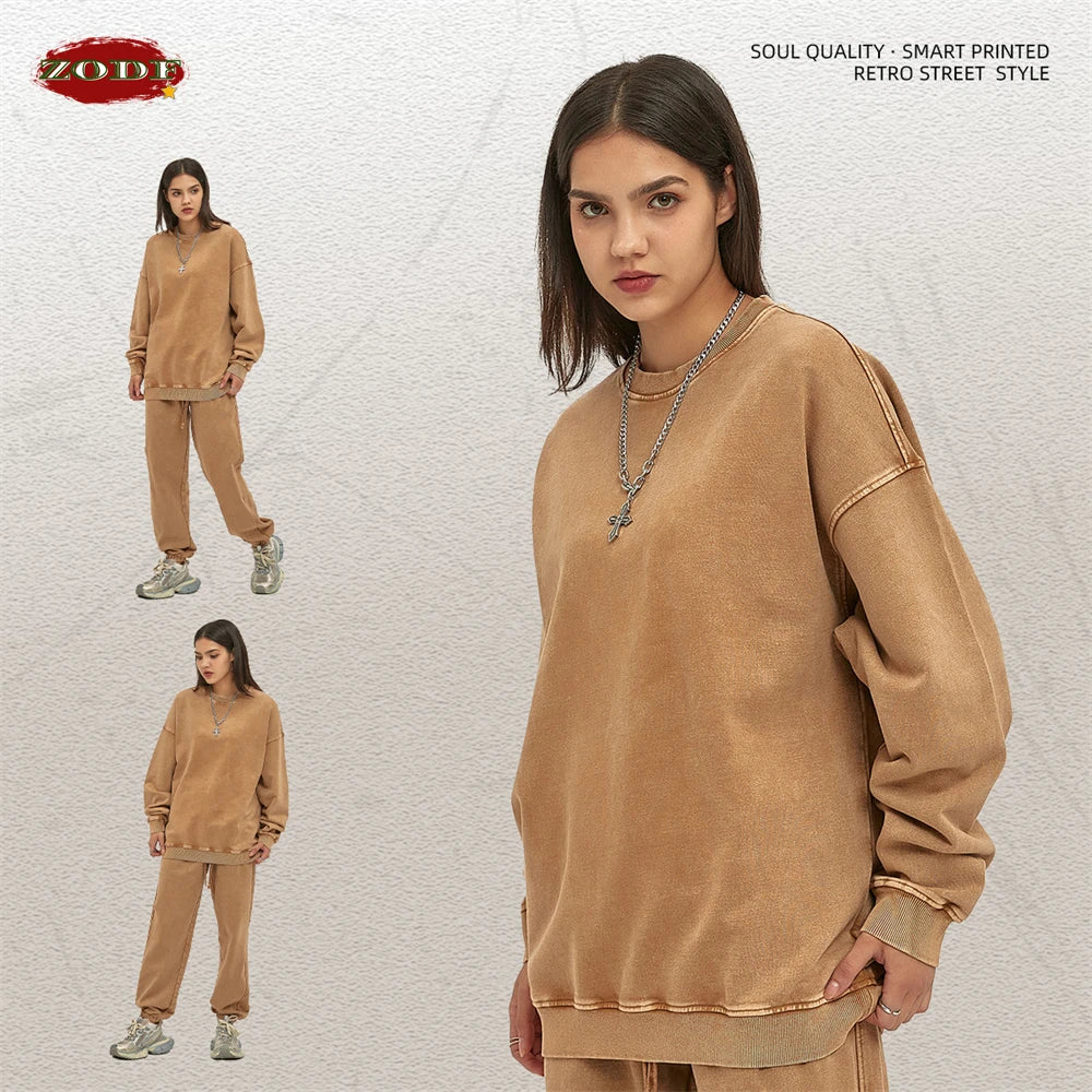 ZODF Retro Autumn Men Batik Washed Cotton Sweatshirts Unisex Loose 420gsm Terry O Neck Pullovers Streetwears HY0665