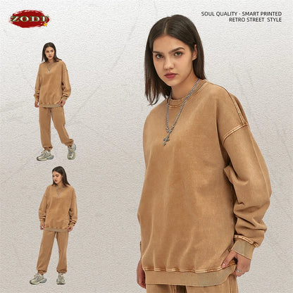 ZODF Retro Autumn Men Batik Washed Cotton Sweatshirts Unisex Loose 420gsm Terry O Neck Pullovers Streetwears HY0665