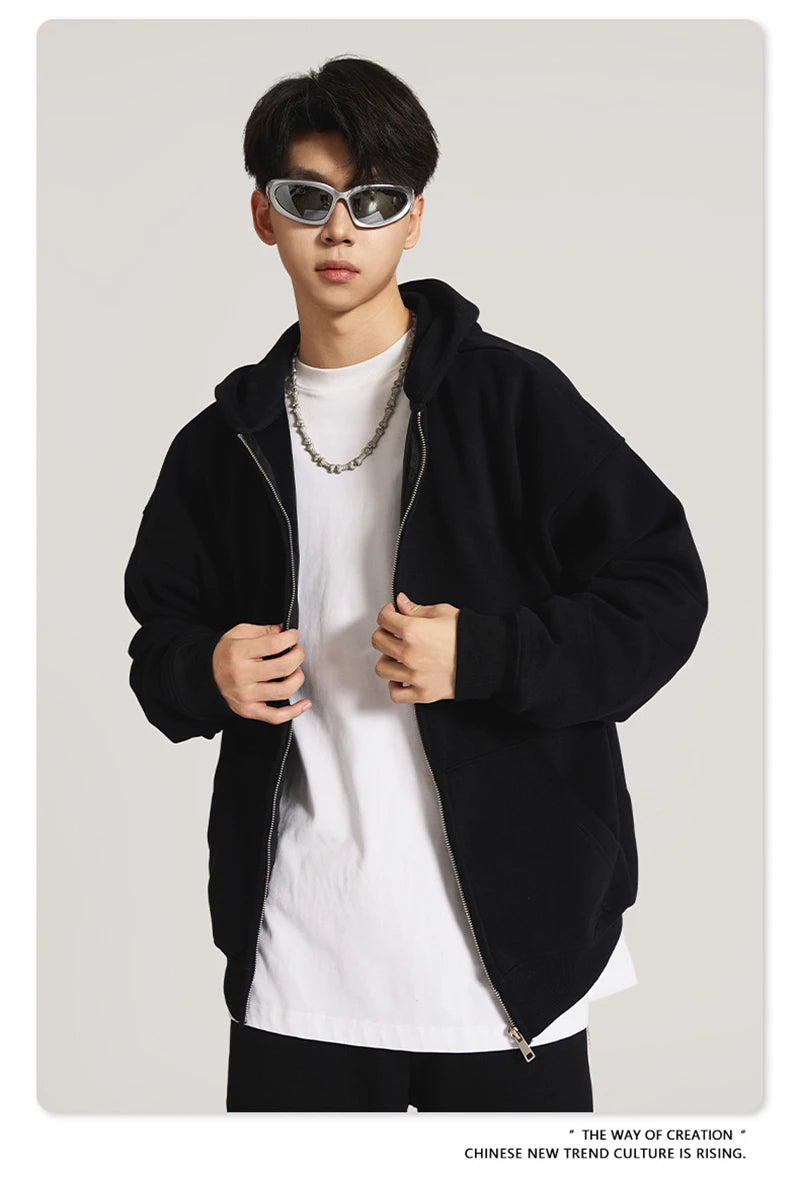 ZODF New Winter Men Zipper Fleece Hoodies Unisex Loose Heavy Weight Thick Warm Basic 420gsm Hooded Coats Hoodie HY0747
