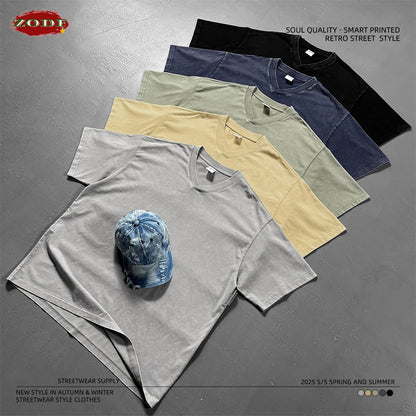 ZODF 2025 Men Summer 250gsm Batik Washed Cotton T-Shirts Retro Unisex Oversized V Neck Distressed T Shirt Brand Tees HY1067