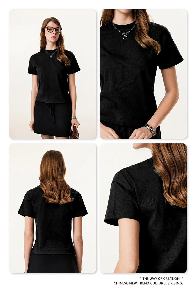 ZODF Women 2025 Summer 255gsm Cotton T-Shirts Hotsweet Girls Casual Solid Comfortable Sport T Shirt Brand Tops HY0978