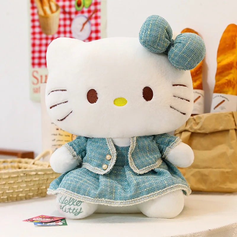Sanrio Plush Cat Stuffed Animal Doll Large Checkered Skirt Kawaii Pillow Toy for Kids Birthday Christmas Gift for Girls Bedtime