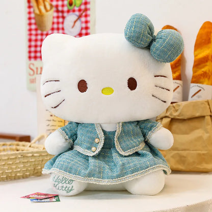Sanrio Plush Cat Stuffed Animal Doll Large Checkered Skirt Kawaii Pillow Toy for Kids Birthday Christmas Gift for Girls Bedtime