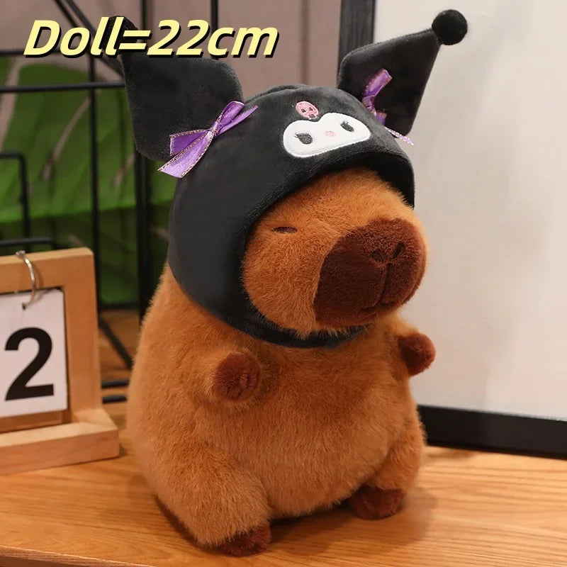 Capybara Soft Doll Cute Stuffed Capibara Anime With Pikachu Stitch Kuromi Hat Toy Kawaii Plushie Xmas Gift for Girl Friend