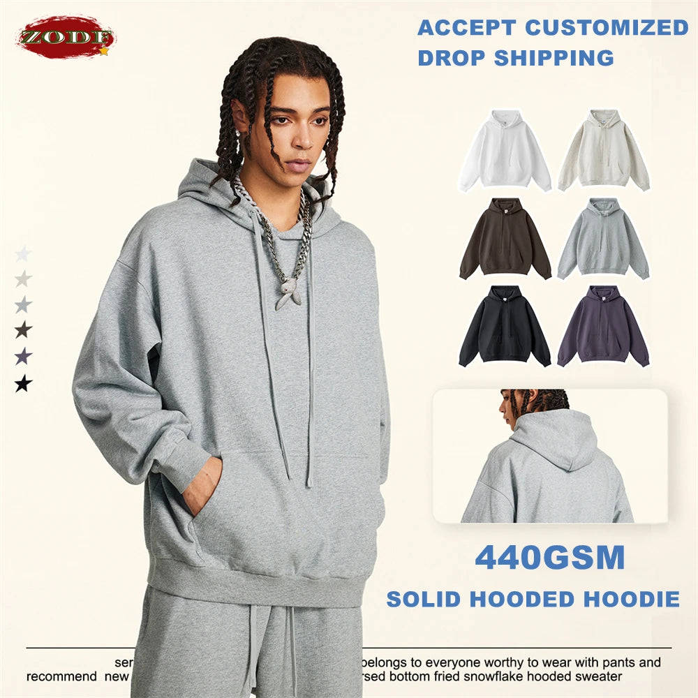 ZODF New Autumn Winter Solid Heavy Weight Hoodies For Men Unisex Basic Loose 440gsm Knitted Hooded Pullovers HY0886