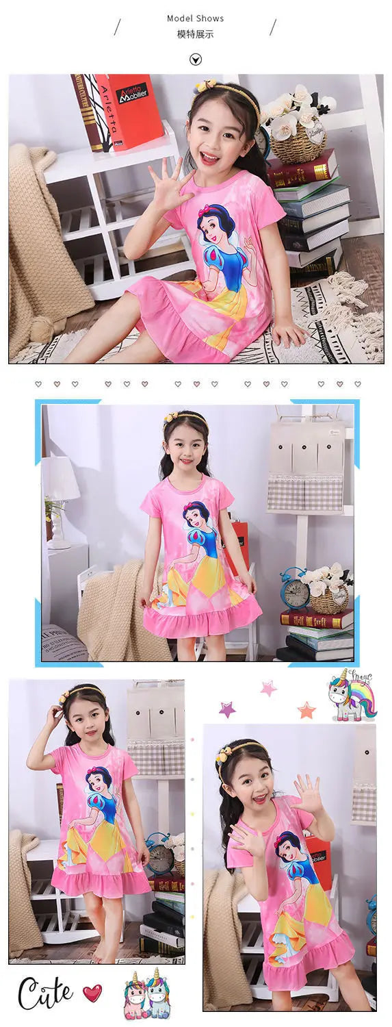 Girls Night Dress Summer Cartoon Snow White Frozen Princess Elsa Mermaid Print Toddler Girl Nightgown for Teens
