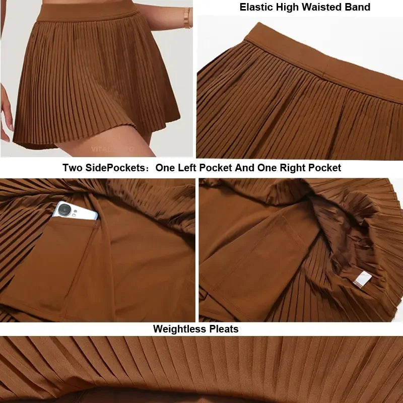 Women’s 2-in-1 Pleated Golf Tennis Skirt with Inner Pocket and Built-in Shorts