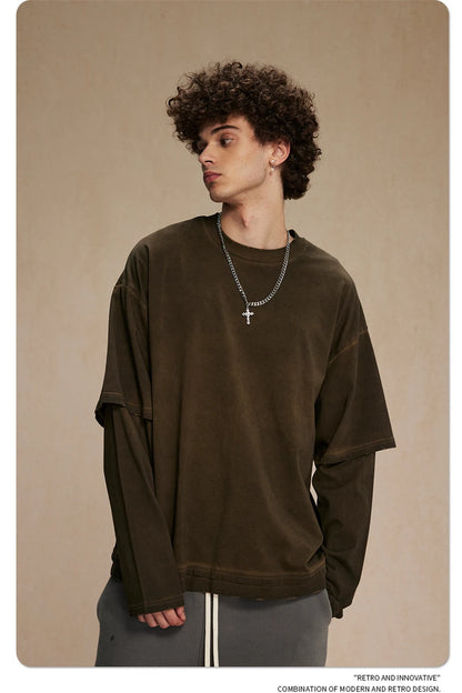 ZODF New 2024 Autumn Fake 2 Pieces T-Shirt For Men Unisex Loose Solid Long Sleeve O-Neck 305gsm Cotton T Shirt Brand Tops HY0944