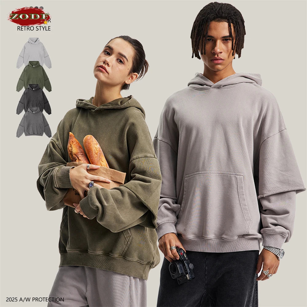 ZODF New Autumn Men's Washed Heavy Weight Cotton Hoodies Unisex Retro Fake 2 Peice 430gsm Loose Edge Hooded Pullovers HY1082