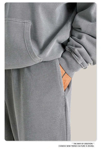 ZODF Retro Men Autumn Washed 380gsm Cotton Unisex High Street Oversized Solid Sport Straight Pants HY0885