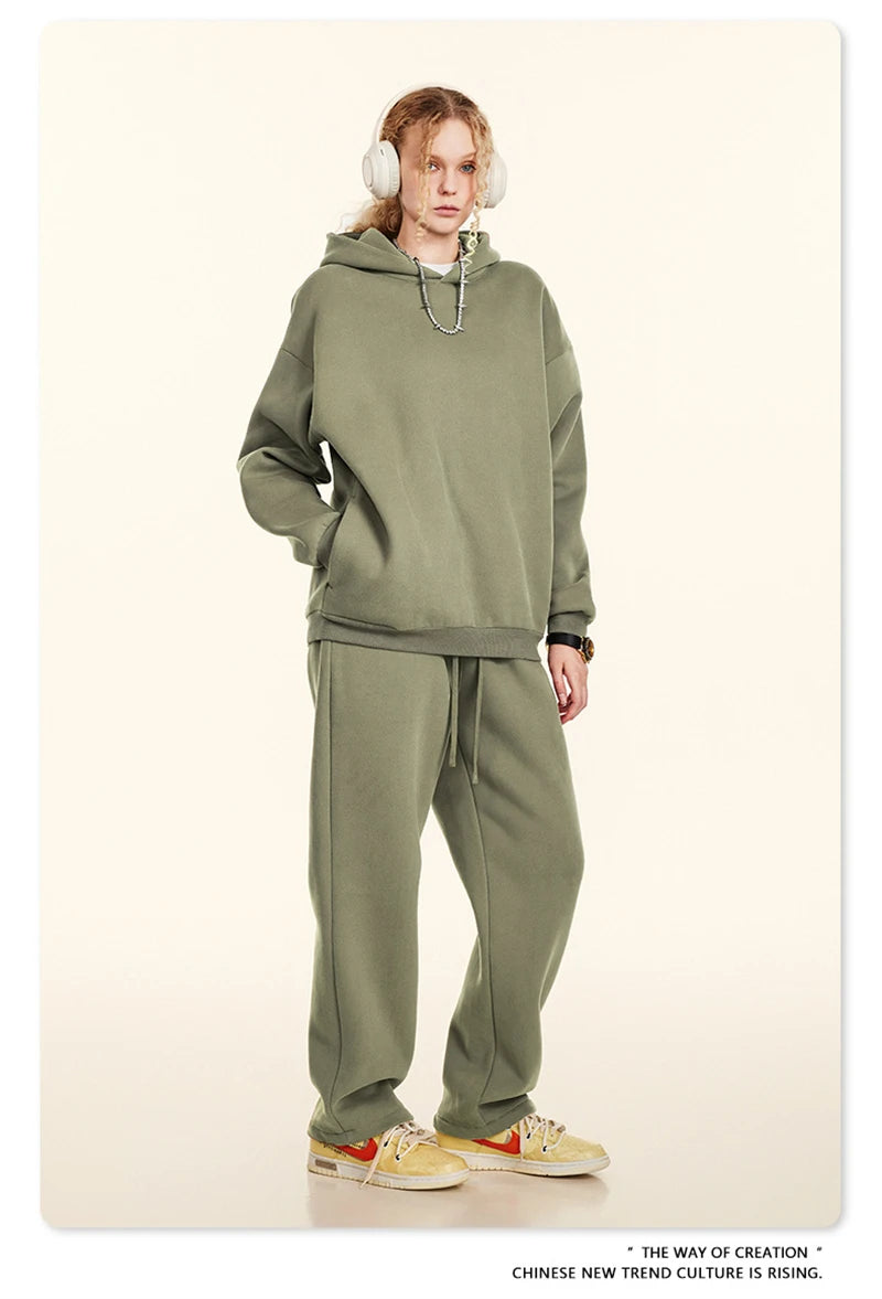 ZODF New Winter Men Solid Fleece Hoodies Unisex Women 345gsm Loose Warm Side Zipper Pocket Hooded Pullovers Brand Clothes HY0867