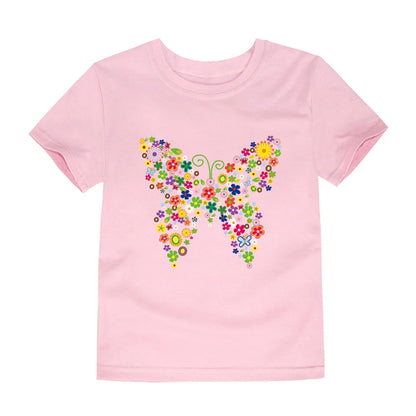 2024 New Kids Girls T-shirt Teen 100% Cotton Flower Butterfly Tshirt Green White Korean Summer Tops Clothing 2 4 6 8 10 12 Years