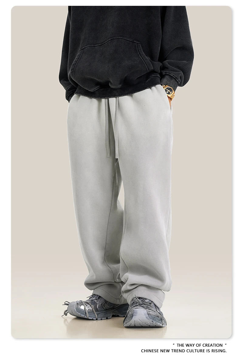 ZODF Retro Winter Monkey Washed Fleece Pants For Men Unisex Washed High Street 332gsm Warm Oversized Straight Trousers HY0892