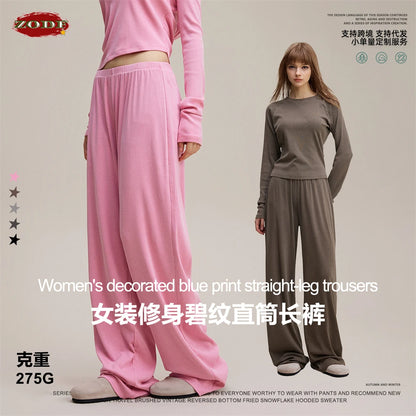 ZODF Women 2025 Solid Comfortable Loose Pants Girls Female 275gsm Solid Wide Lge Straight Trousers Brand Bottoms HY1137