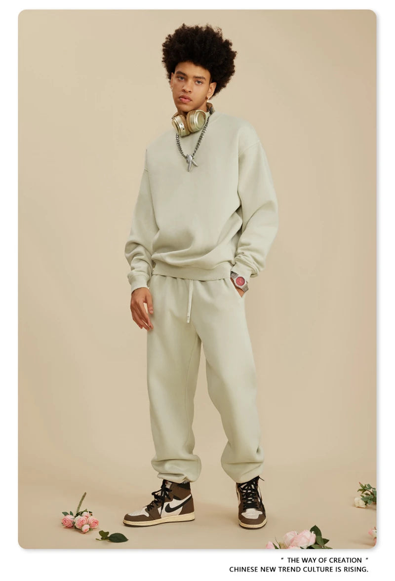 ZODF New Men Winter 355gsm Washed Fleece Sweatshirts Retro Unisex Oversized Solid O-Neck Warm Pullovers Coat Streetwears HY0639