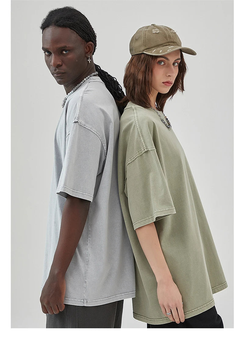 ZODF New Spring Summer Washed Cotton Solid T Shirts For Men Unisex High Street Loose Edge Oversized Noshrink T-Shirt Tee HY0465