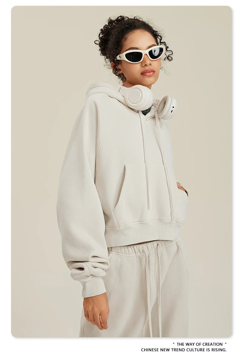 ZODF Women Hotsweet 2025 Winter Washed Fleece Crop Hoodies Girls Oversized Raglan Sleeve 400gsm Hooded Pullovers HY0648